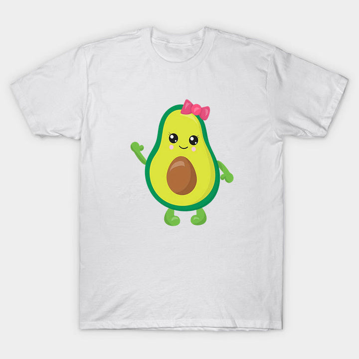 White T-shirt featuring a cartoon avocado with a pink bow