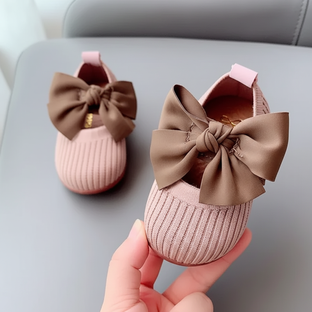 Pink knitted bow shoe held in front of its matching shoe