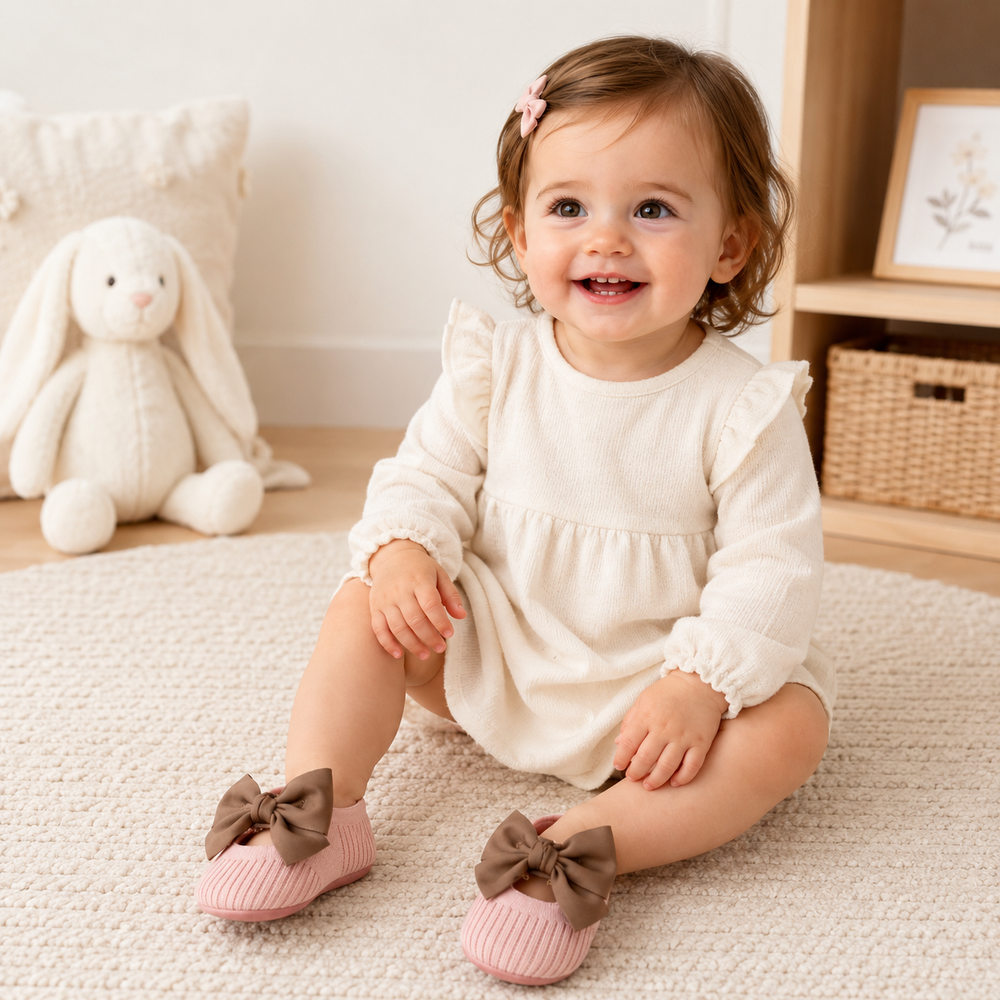 Child in a cream dress wearing pink bow baby shoes while seated on a rug