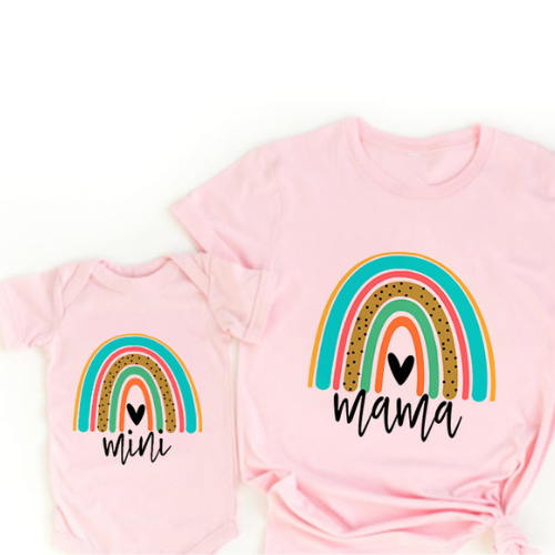 Pink mama T-shirt and mini baby bodysuit with bright rainbow arches and black heart details