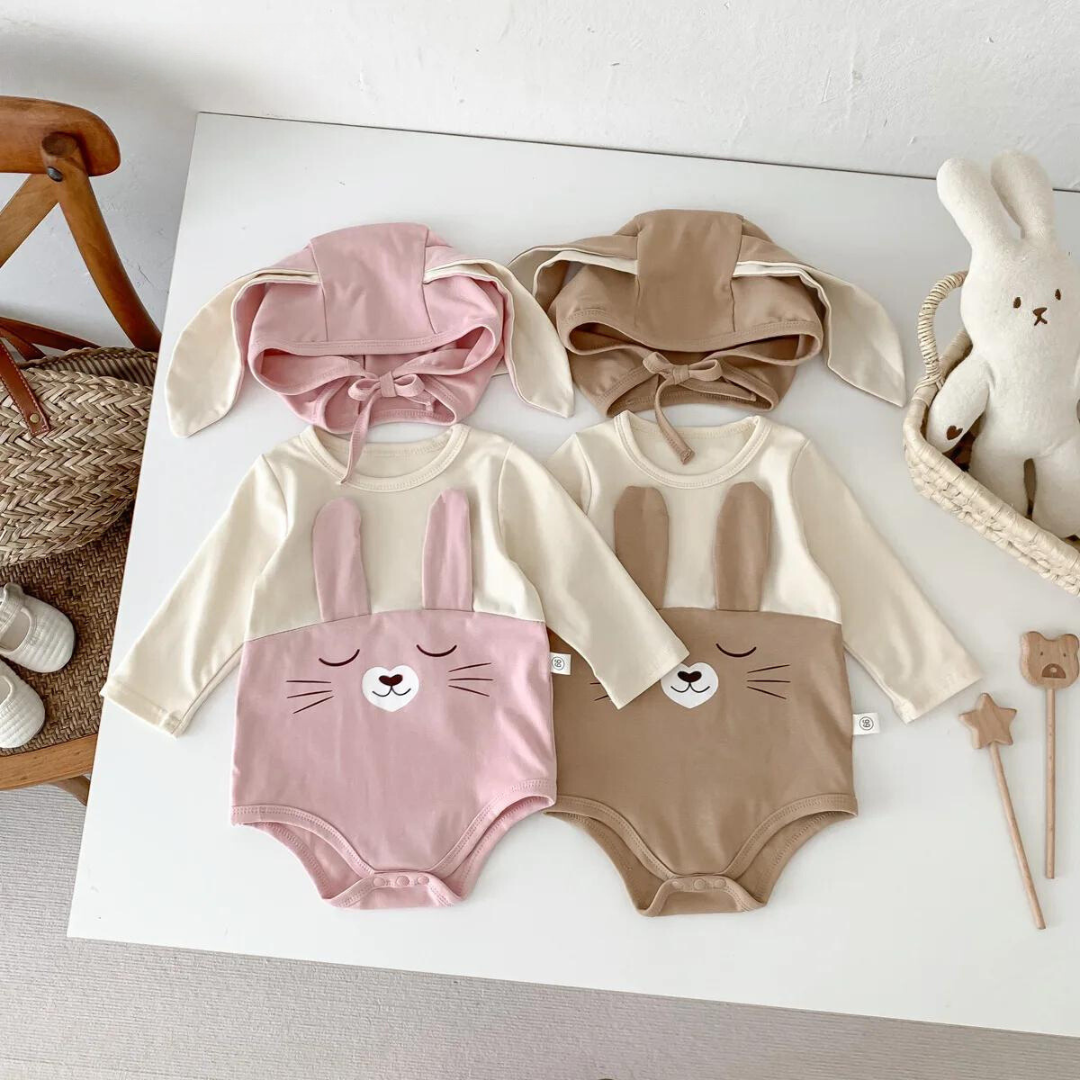 Pink and brown long-sleeve bunny bodysuits with matching floppy-ear caps