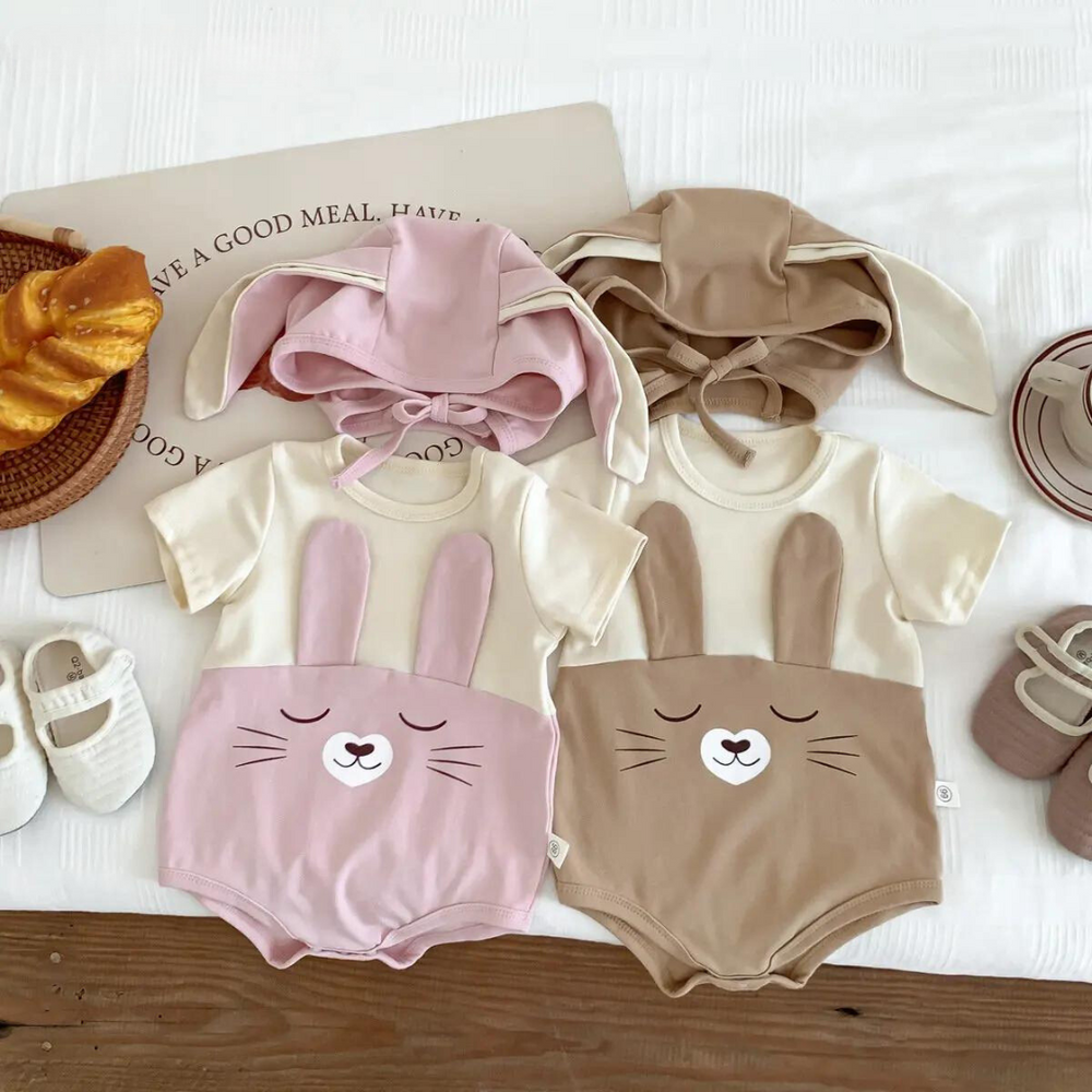 Pink and brown short-sleeve cotton bunny bodysuits with coordinating caps