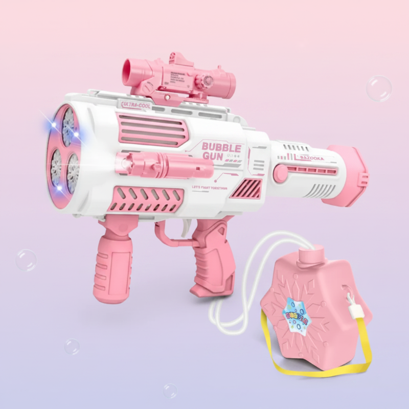 Pink and white bubble gun connected by tubing to a matching shoulder-strap reservoir