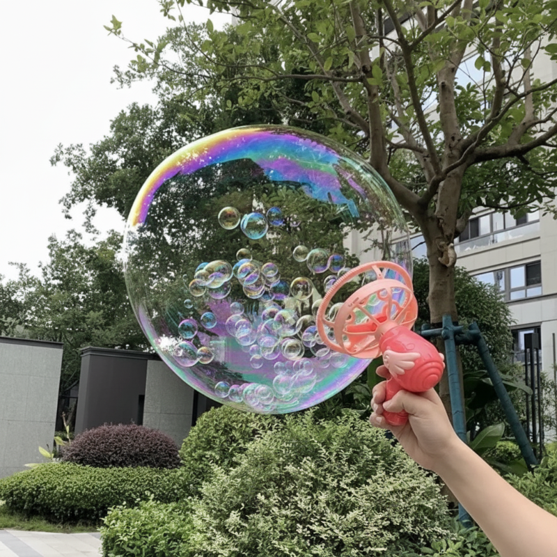 Hand holding a pink bubble gun beneath a large bubble outdoors