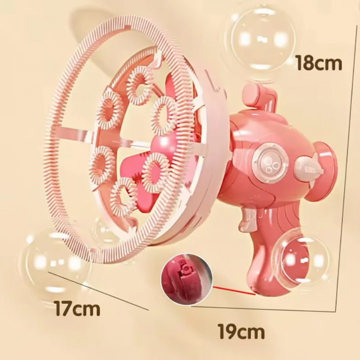Pink bubble gun with measurements labeled 19, 17, and 18 cm