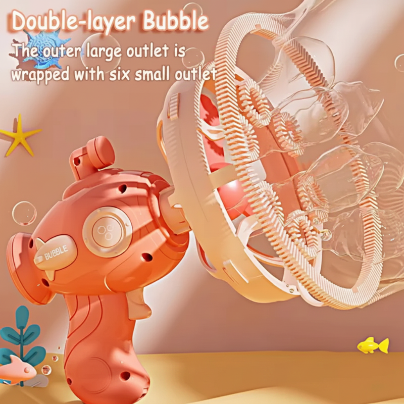 Pink bubble gun showing its large outer bubble ring and smaller inner rings