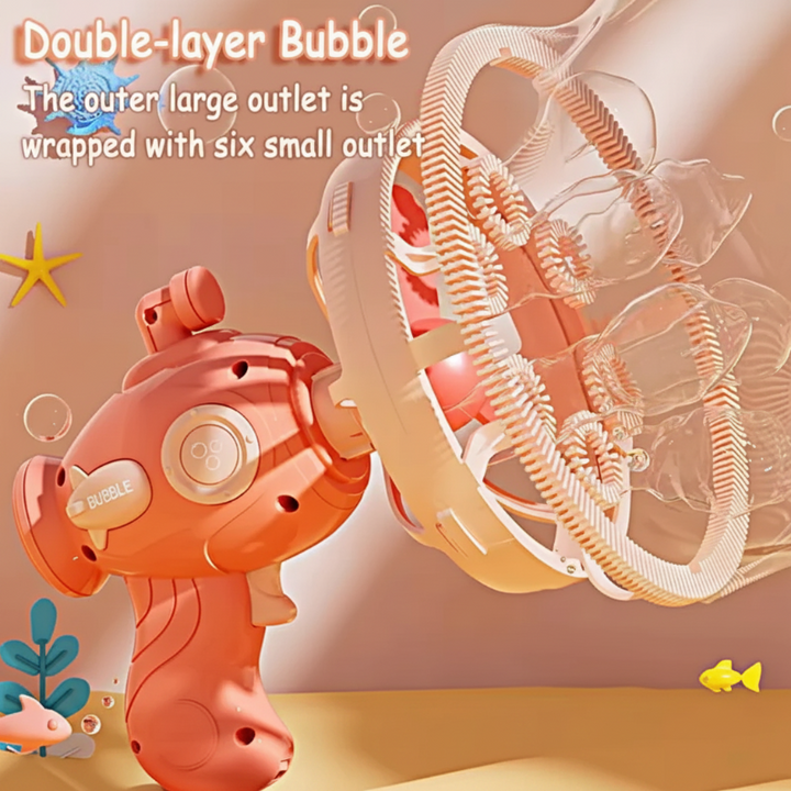 Pink bubble gun showing its large outer bubble ring and smaller inner rings