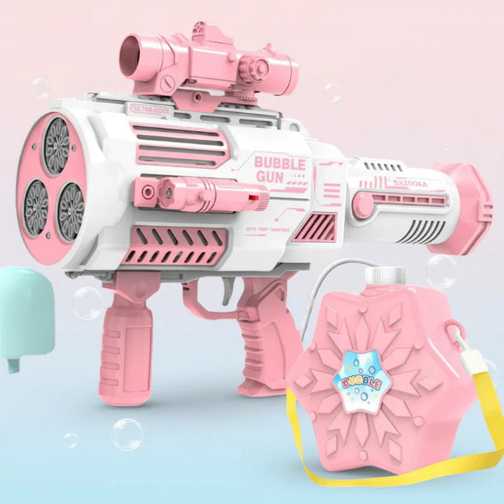 Pink and white bubble gun beside its matching reservoir with a yellow shoulder strap