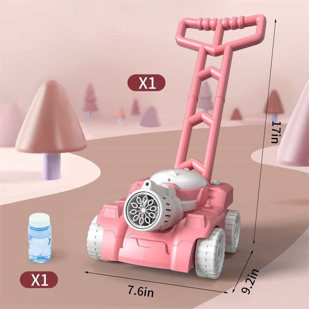 Pink bubble lawn mower and bubble solution bottle with size measurements