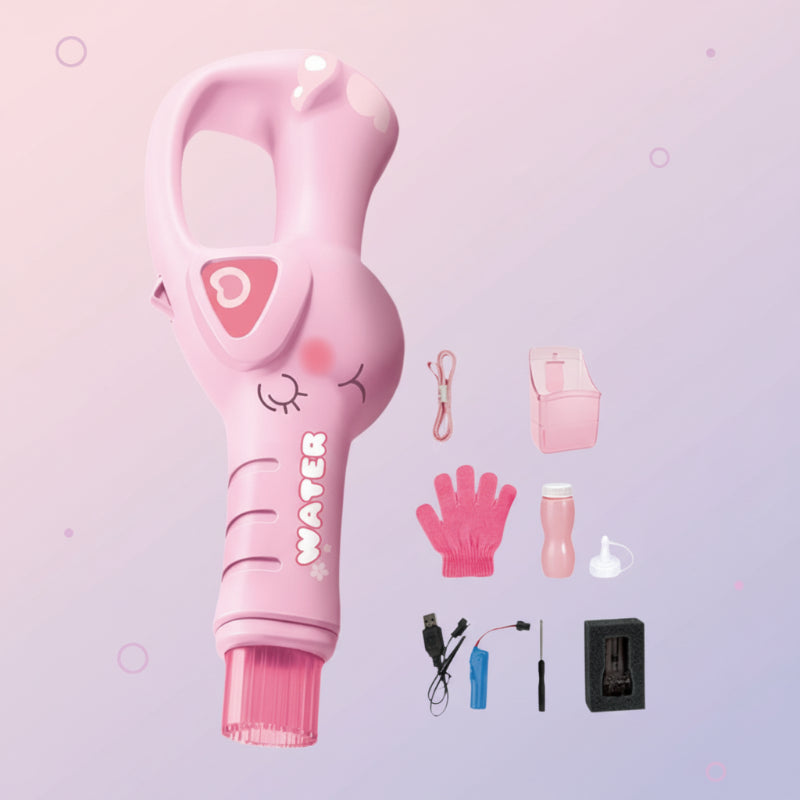 Pink animal-shaped bubble maker displayed with gloves and charging accessories