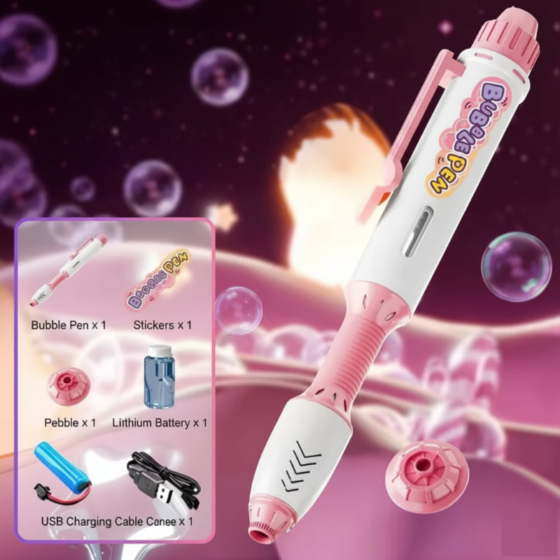 Pink bubble pen with a matching bubble head and an inset showing accessories.