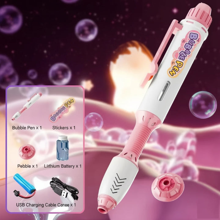 Pink bubble pen with a matching bubble head and an inset showing accessories.