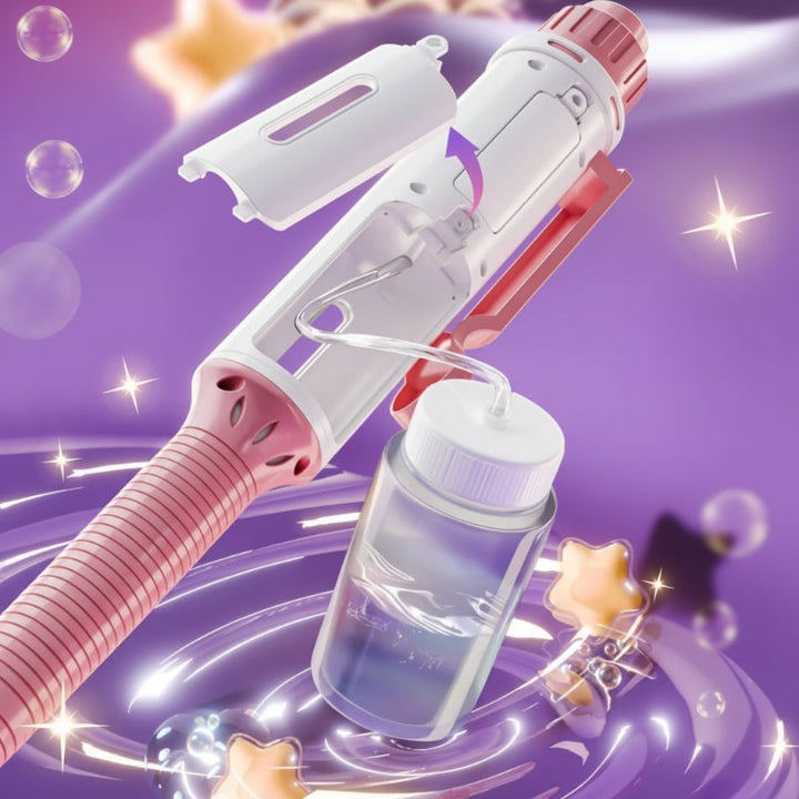 Pink bubble pen with an open compartment beside a clear refill bottle.