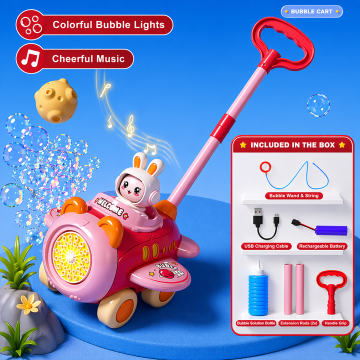 Pink airplane-style bubble push cart with a bunny character and a box-contents inset.