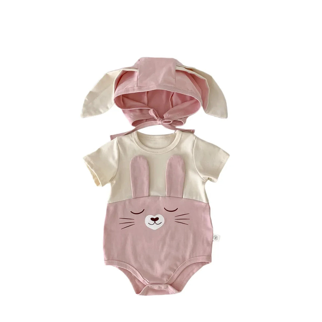 Pink and cream short-sleeve bunny bodysuit with a matching ear-detail cap