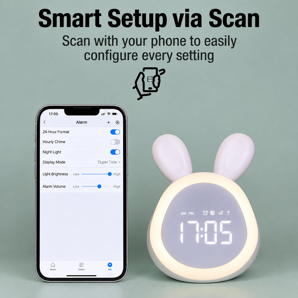 Pink bunny alarm clock beside a phone displaying alarm and light settings