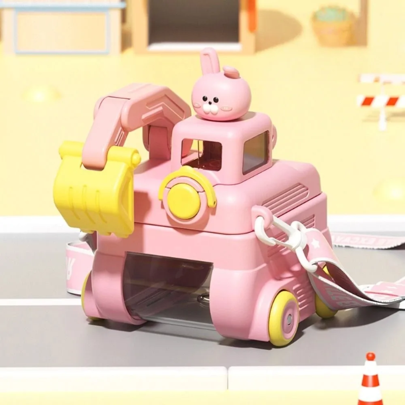 Pink excavator water bottle with a bunny topper, yellow scoop, and carrying strap