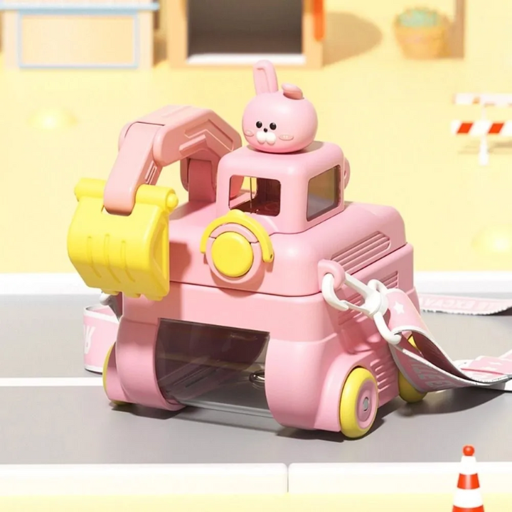 Pink excavator water bottle with a bunny topper, yellow scoop, and carrying strap