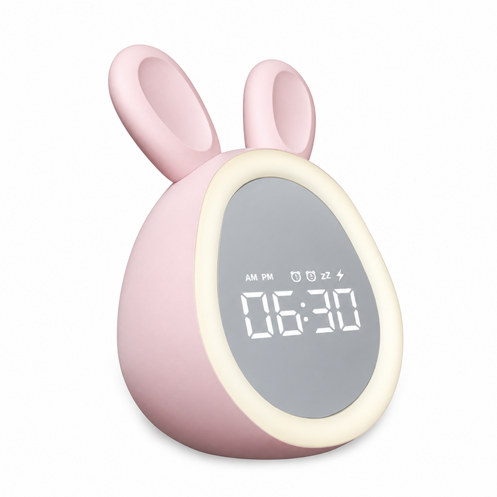 Pink bunny digital alarm clock with an illuminated ring around its display