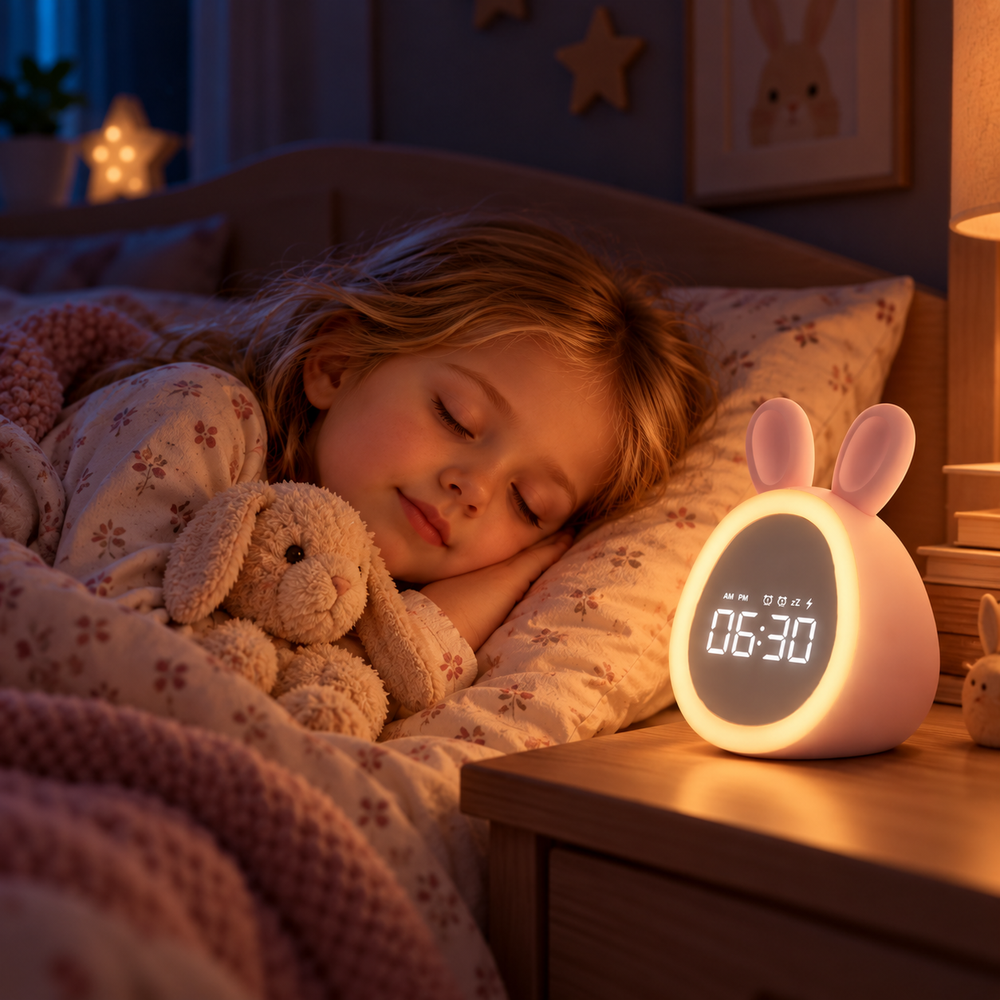 Pink bunny alarm clock glowing on a bedside table beside a sleeping child