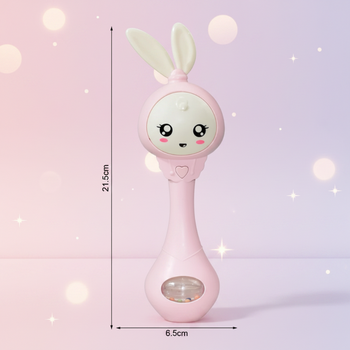 Pink bunny rattle with dimensions marked as 21.5 cm tall and 6.5 cm wide