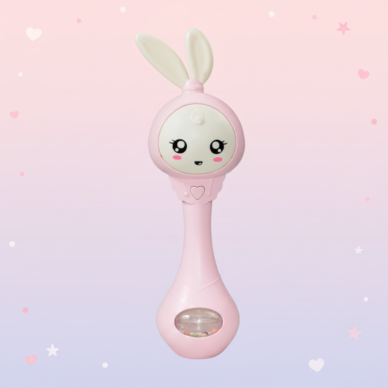 Pink bunny baby rattle with a smiling face, soft ears and a clear bead window