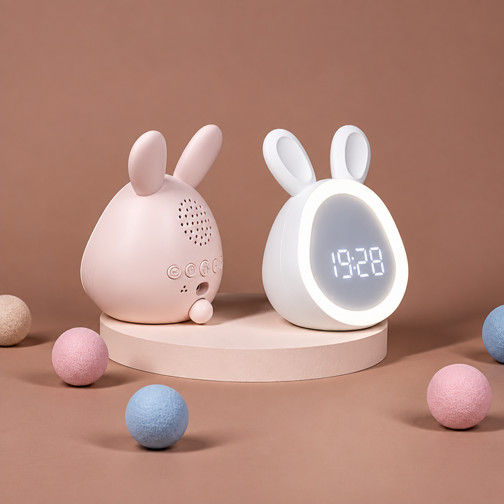 Rear view of the pink bunny clock and illuminated face of the white clock