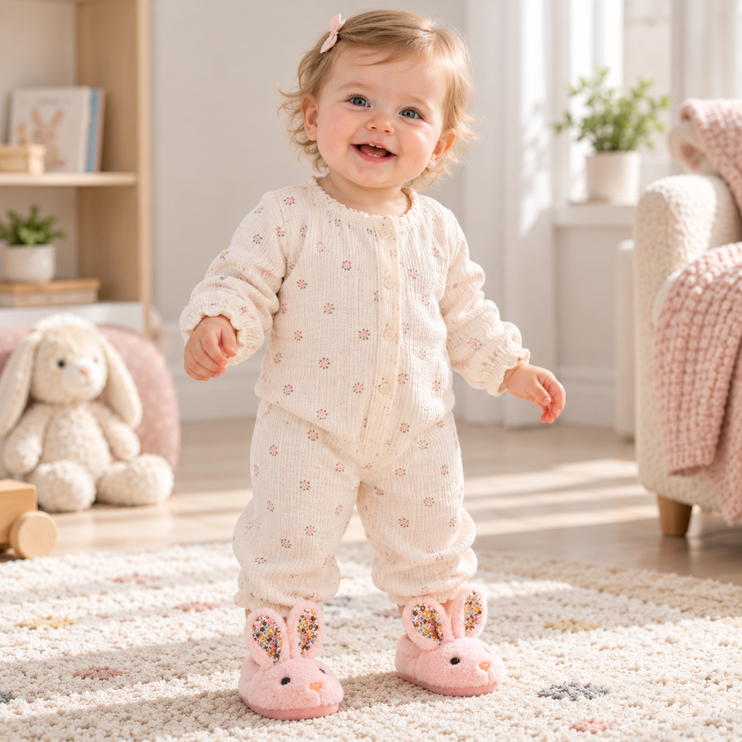 Child wearing pink bunny slippers while standing on a rug at home