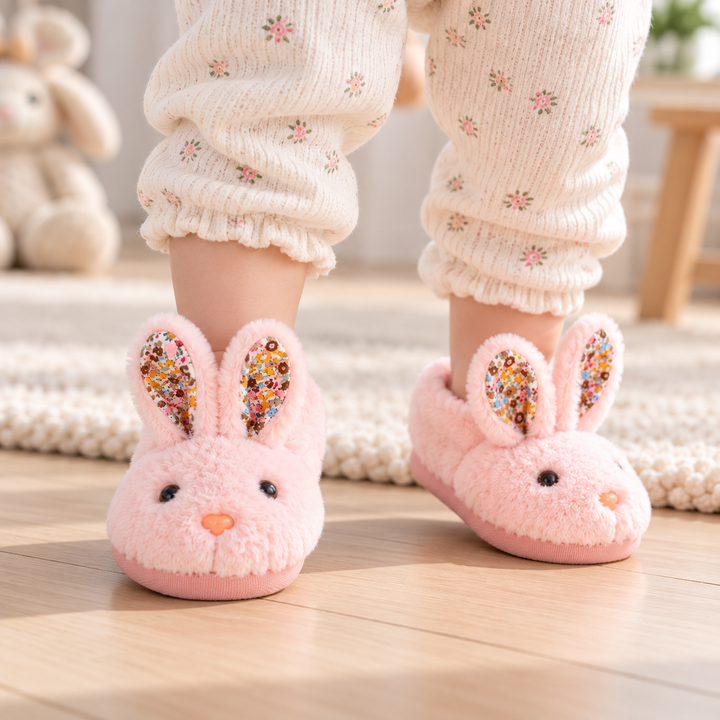 Pink plush bunny slippers with floral ear details worn on a wood floor