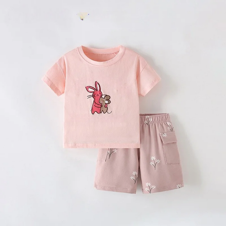 Pink bunny-graphic T-shirt with mauve patterned shorts