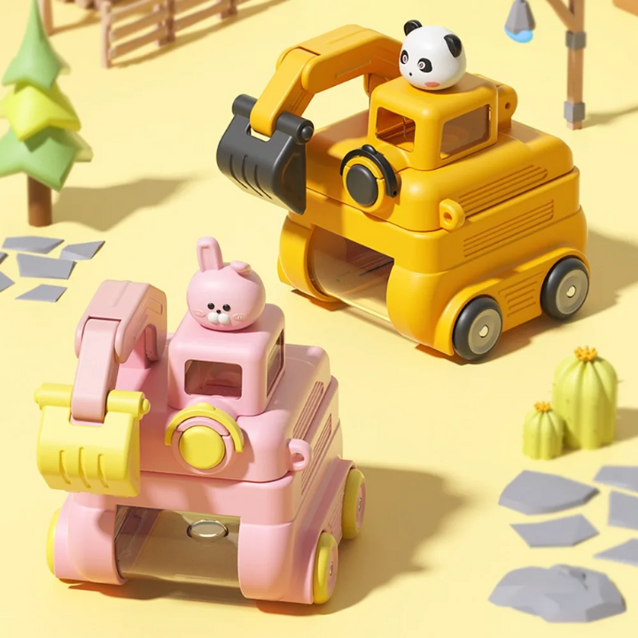 Pink bunny and yellow panda excavator water bottles with scoops and wheels