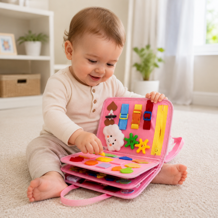 Child turning the pink busy board&