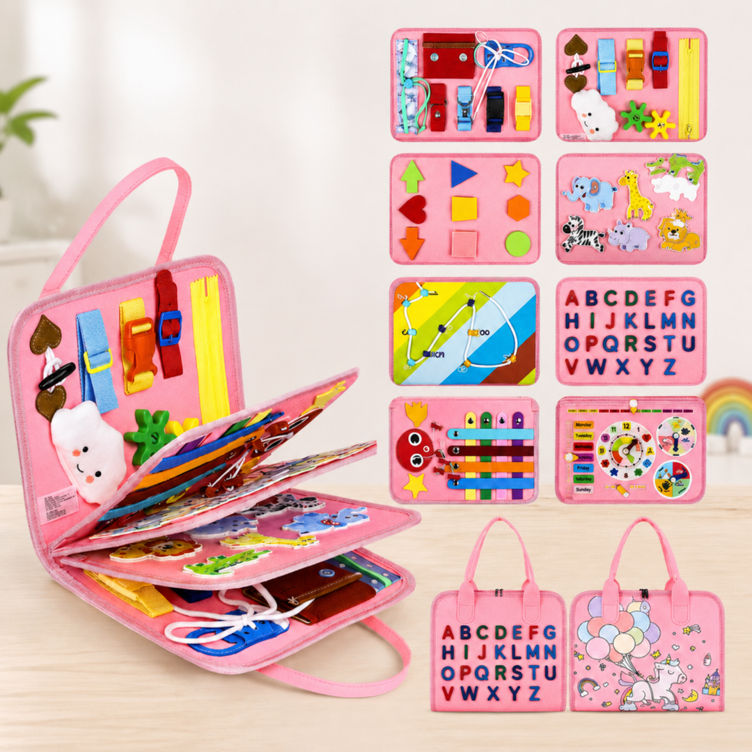Pink busy board with carrying handles, fold-out activity pages, and learning panels.