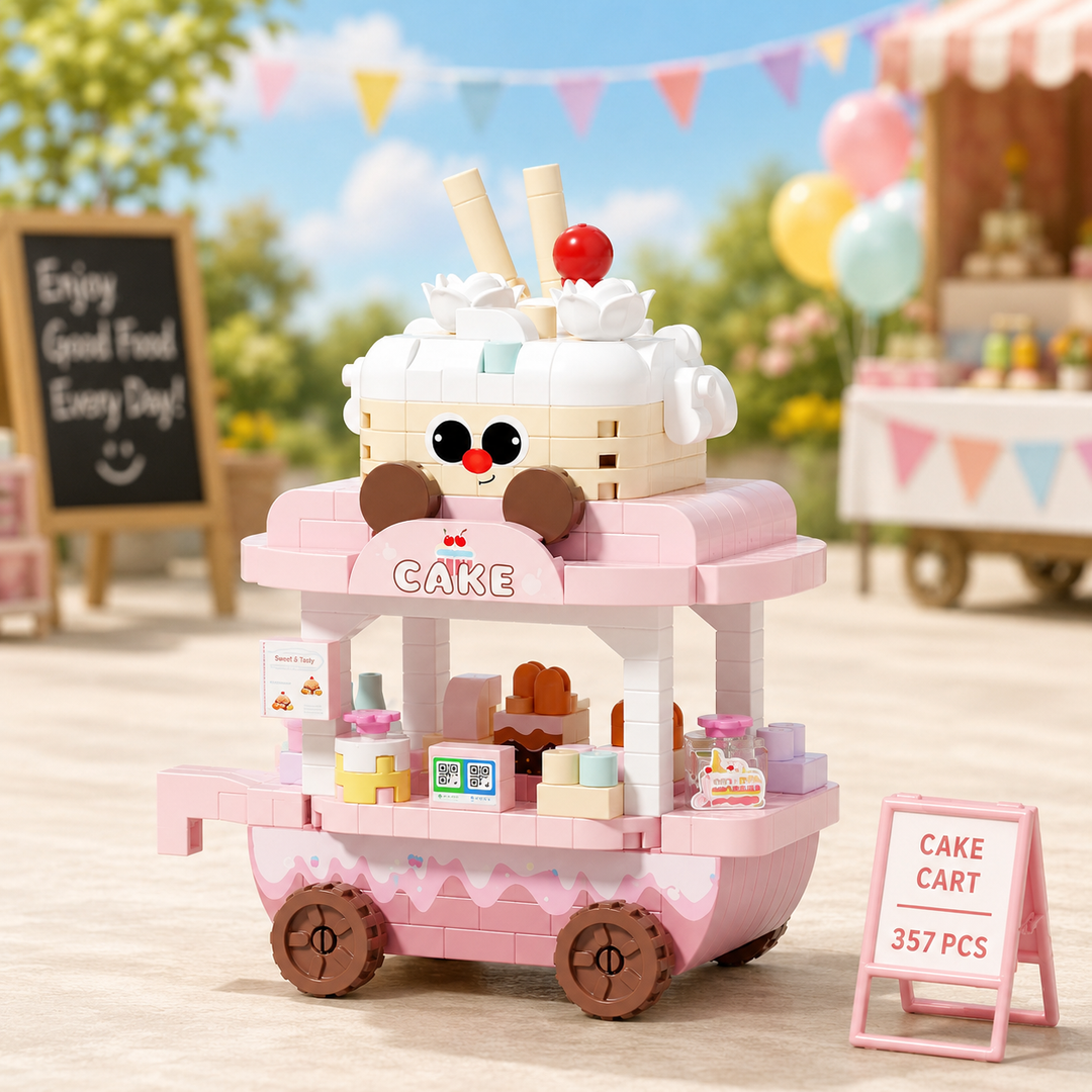 Pink cake cart block model with a white cake-shaped roof, cherry decoration and miniature treats.