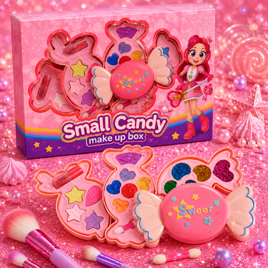 Pink candy-shaped makeup case with open palettes, brushes, and applicators