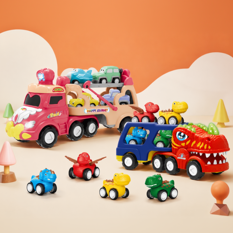 Pink car carrier and red dinosaur transporter with small colorful toy vehicles.