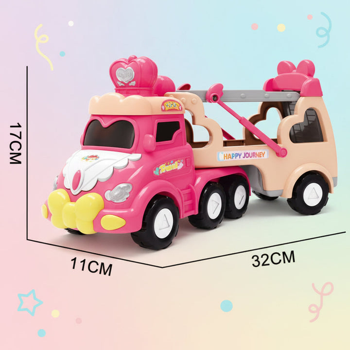 Pink truck measurement graphic showing 32 cm length, 11 cm width, and 17 cm height.