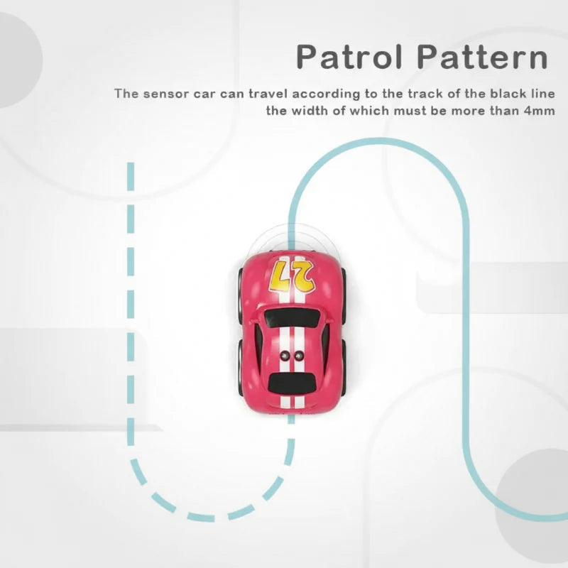 Pink cartoon car shown following a curved route in patrol mode