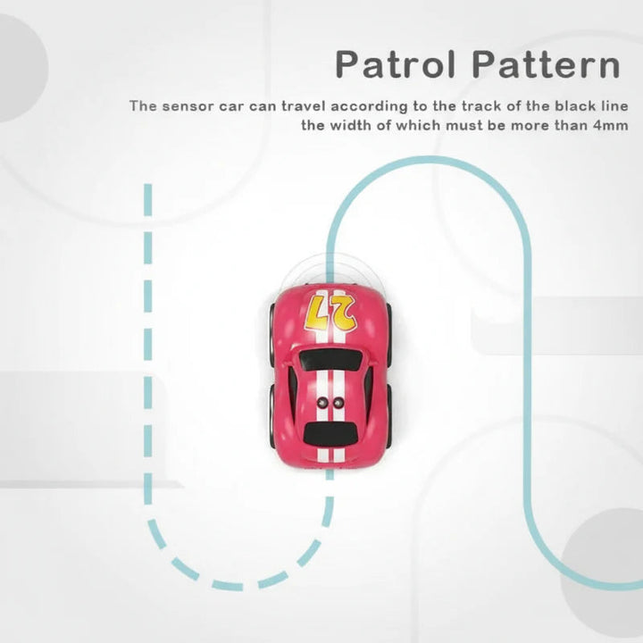Pink cartoon car shown following a curved route in patrol mode