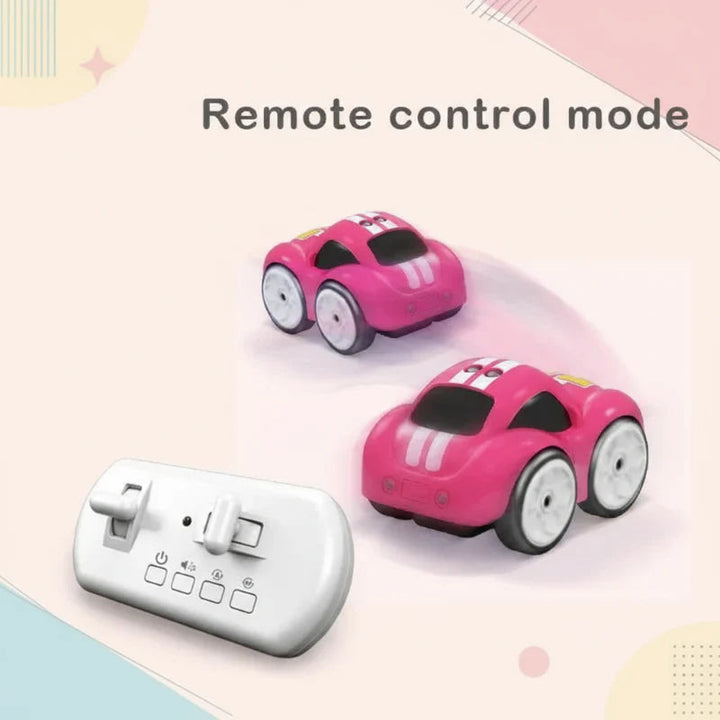 Pink cartoon car and white handheld controller illustrating remote-control driving