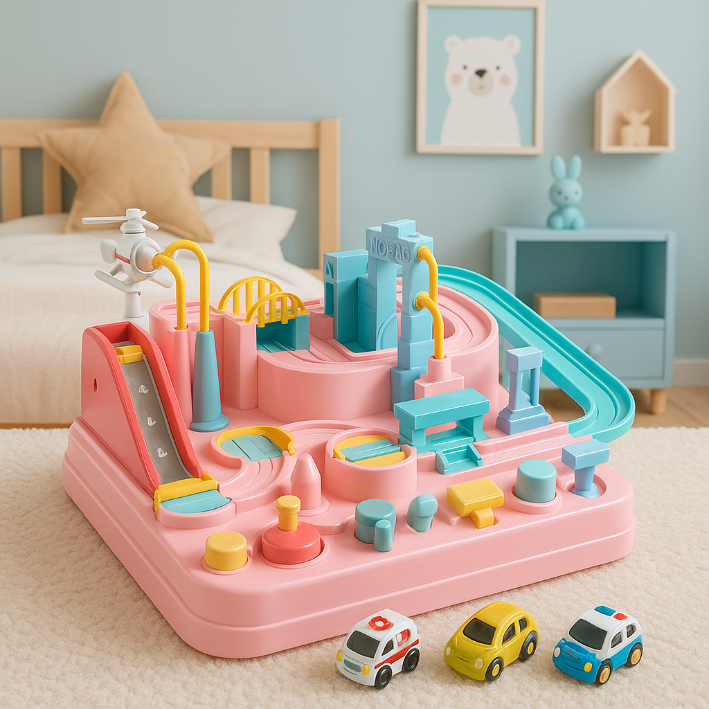 Pink car track playset with turquoise track sections and three mini cars displayed in front