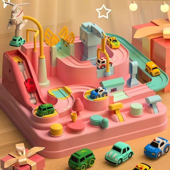 Pink car track with a helicopter crane, colorful controls, and several mini cars