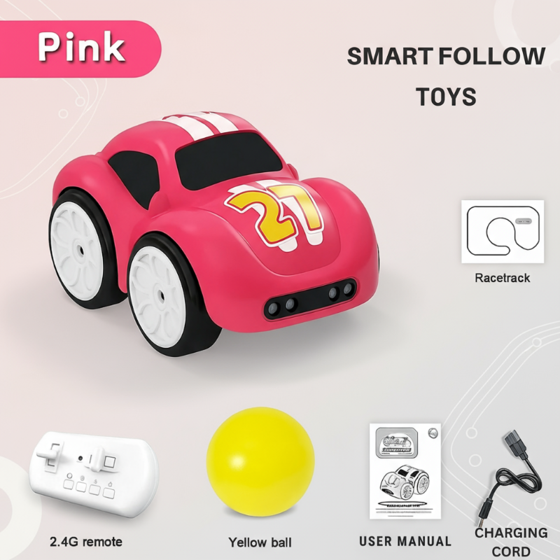 Pink cartoon car with remote control, yellow ball, user manual and charging cord