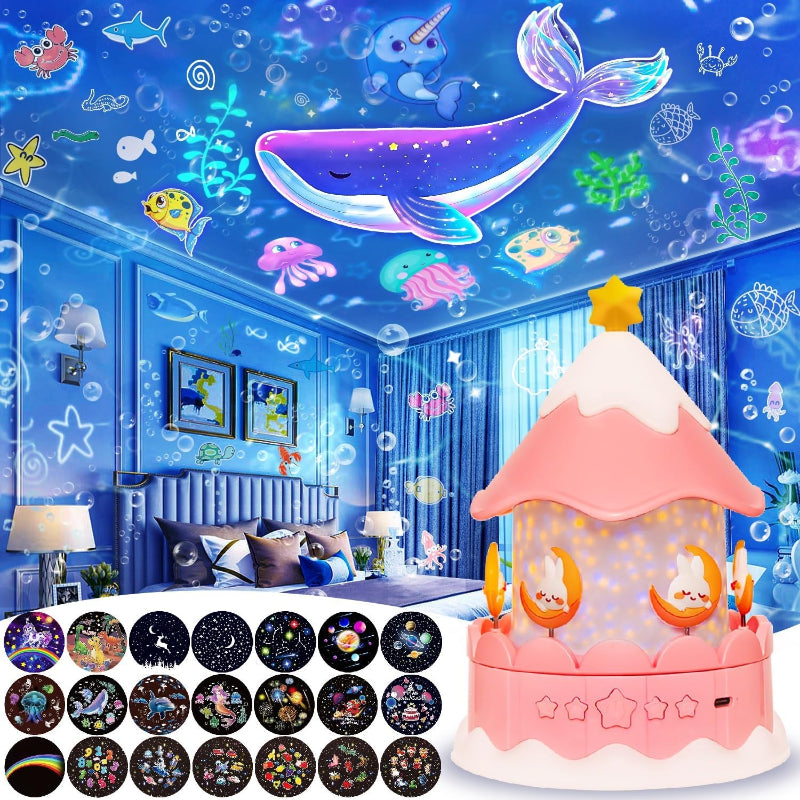 Pink carousel-style projector night light shown with a whale-themed room projection and film designs.