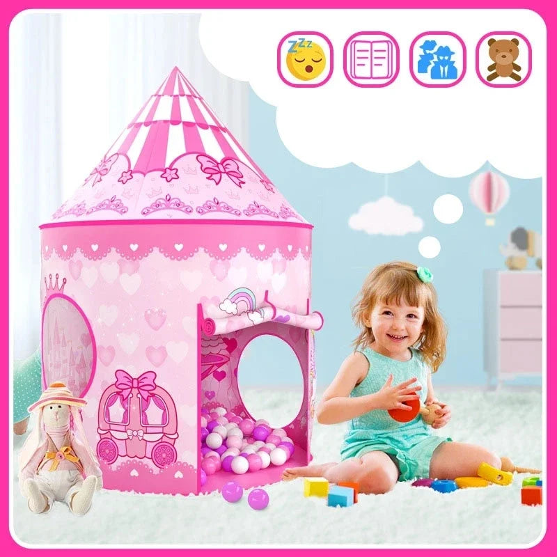 Child beside a pink castle tent with carriage graphics and a round side window.