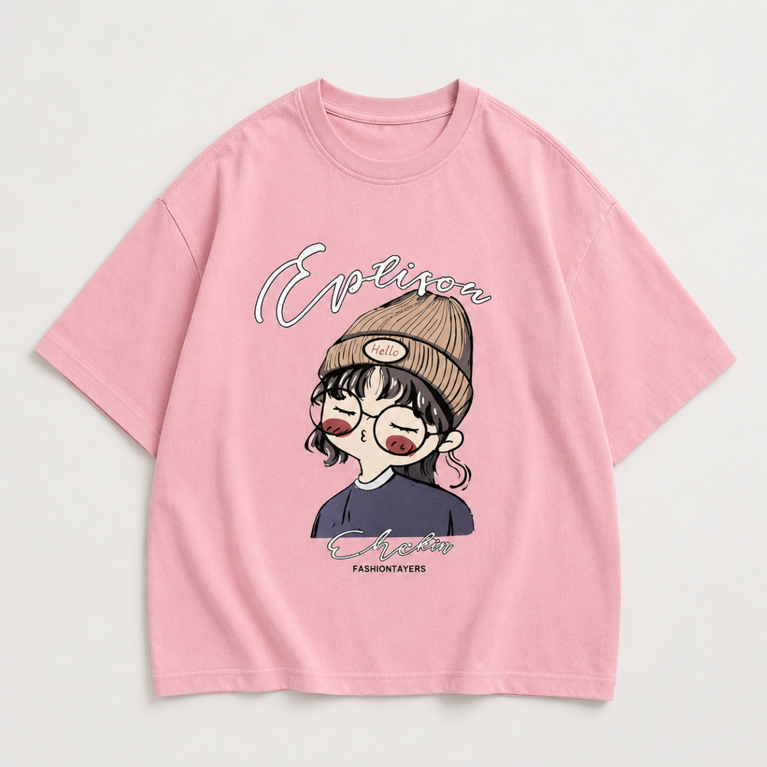 Pink oversized T-shirt with a cartoon girl graphic and short sleeves