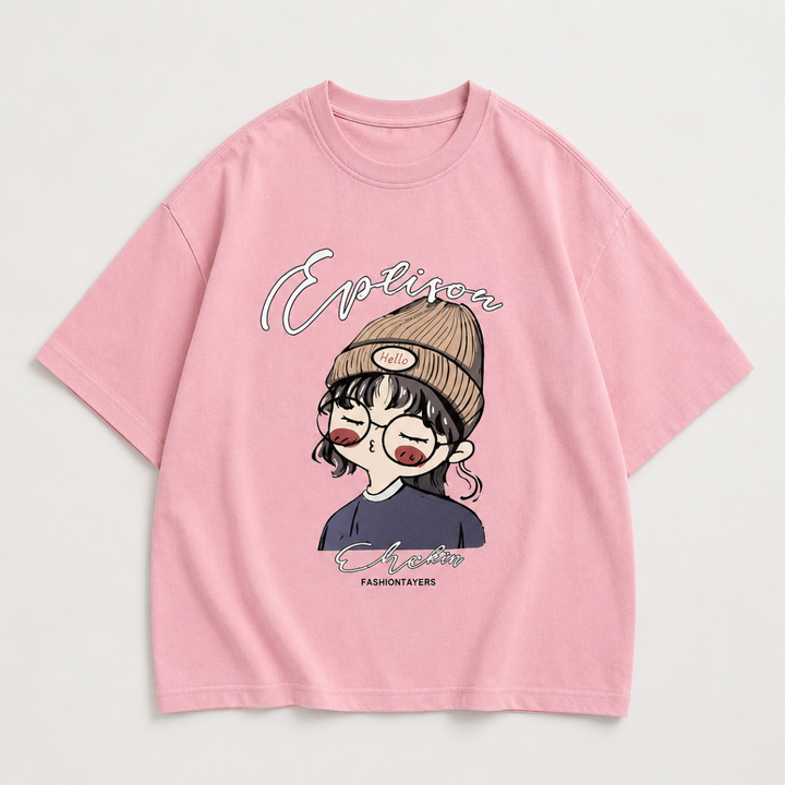 Pink oversized T-shirt with a cartoon girl graphic and short sleeves