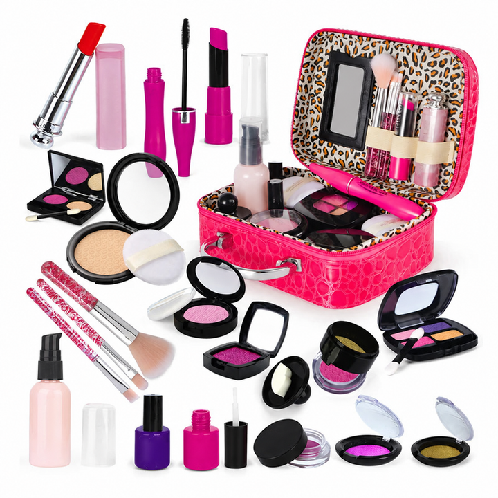 Pink carry case with pretend makeup, brushes, and a mirror in the lid