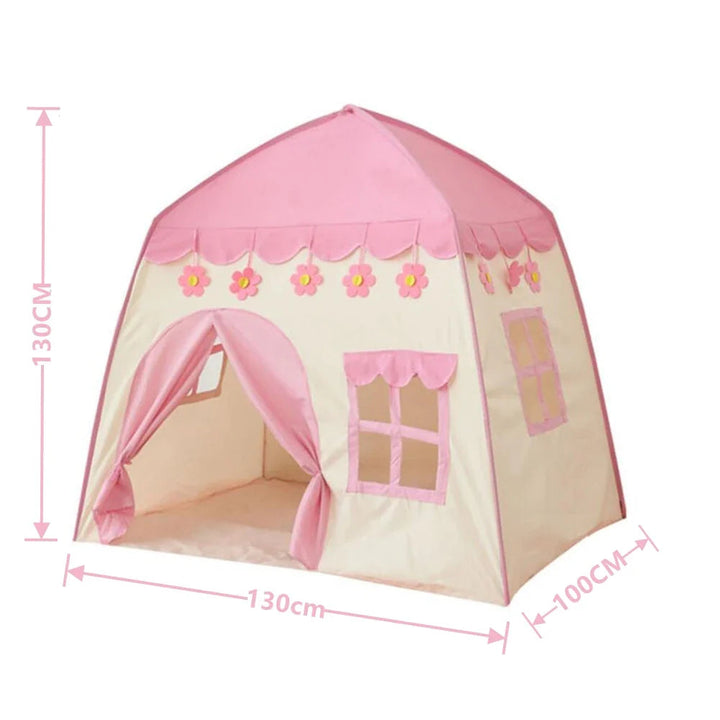 Pink castle play tent with measurements of 130 cm high, 130 cm wide, and 100 cm deep