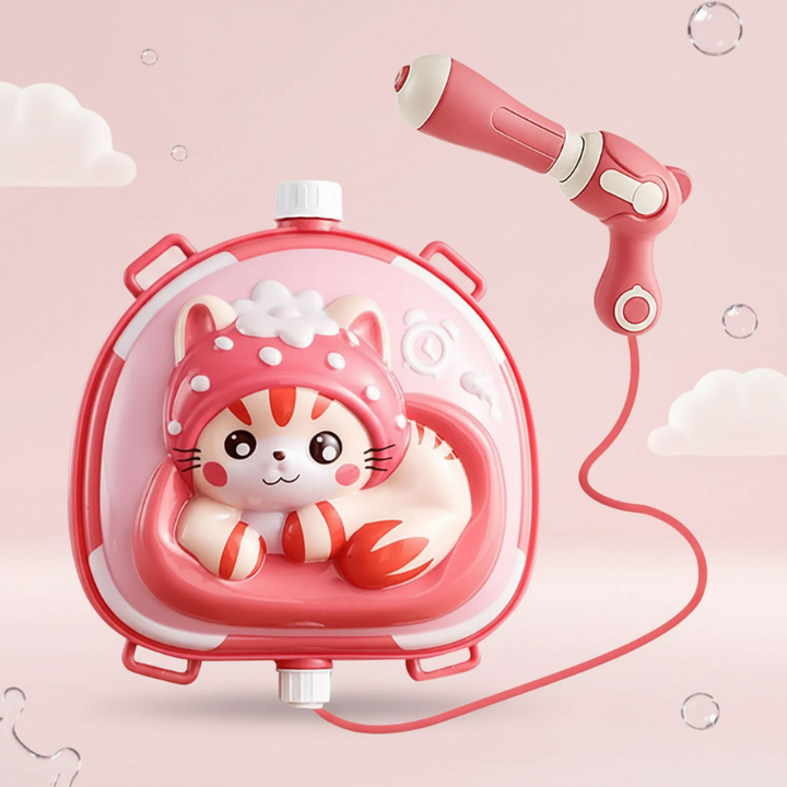 Pink cat backpack water blaster with matching gun and connecting hose